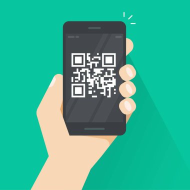 QR Kod smartphone ekran vektör çizim, bar kod teknoloji ile düz çizgi film cep telefonu, cep telefonu teknolojisi izole clipart kavramı