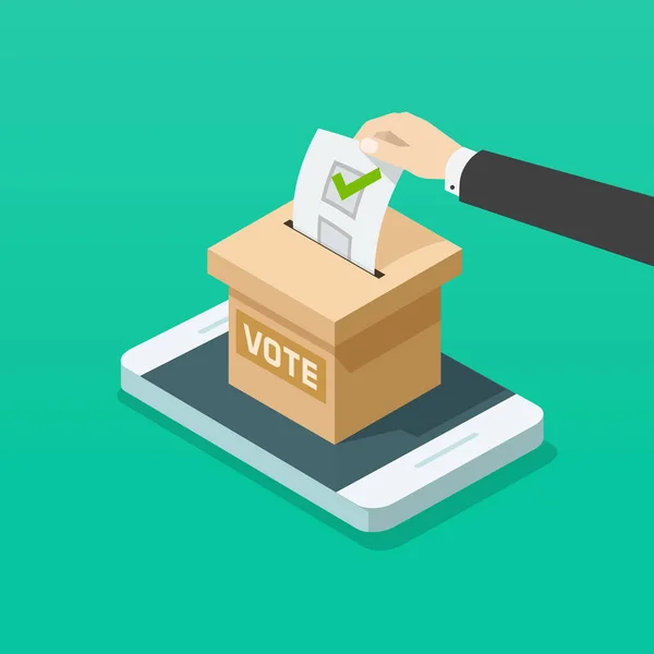 投票ボックス オンライン携帯電話のベクトル図に、スマート フォンのネット選挙にフラット等尺性有権者手、携帯電話電子投票技術の概念 — ストックベクタ