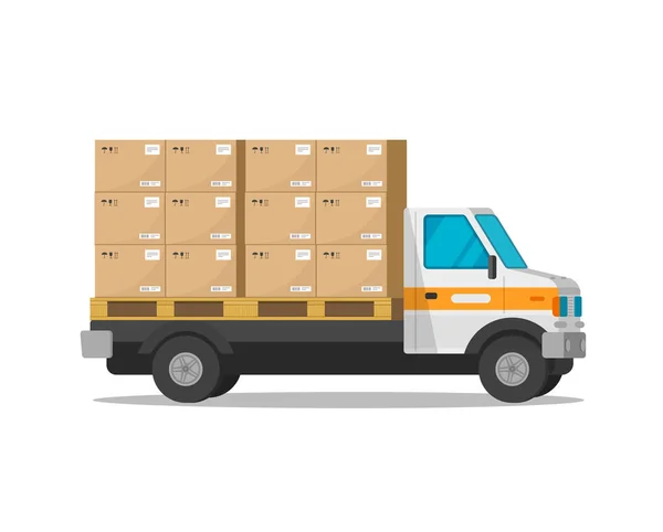 Грузовик доставки, изолированный с векторной иллюстрацией коробок для посылок, фургон с плоским мультфильмом или автомобиль с курьерским грузовиком с клипартом для тяжелых грузов — стоковый вектор