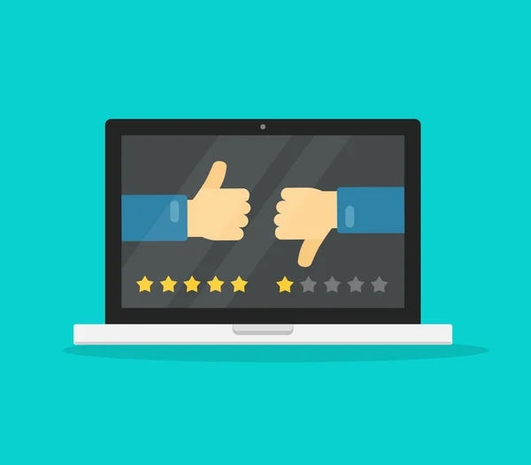 Feedback online eller recension på dator laptop begreppet vektorillustration, platt tecknad pc med rösta händer tummar gest och recensioner stjärnor, idén att gilla eller ogilla symboler clipart — Stock vektor