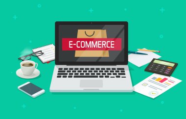E-ticaret kavramı vektör, tablo analiz online Internet mağaza, ofis masaüstü, e-ticaret analytics Pazar araştırması, elektronik Dükkanı Üstten Görünüm iş yerinde düz dizüstü bilgisayar ile çalışıyor