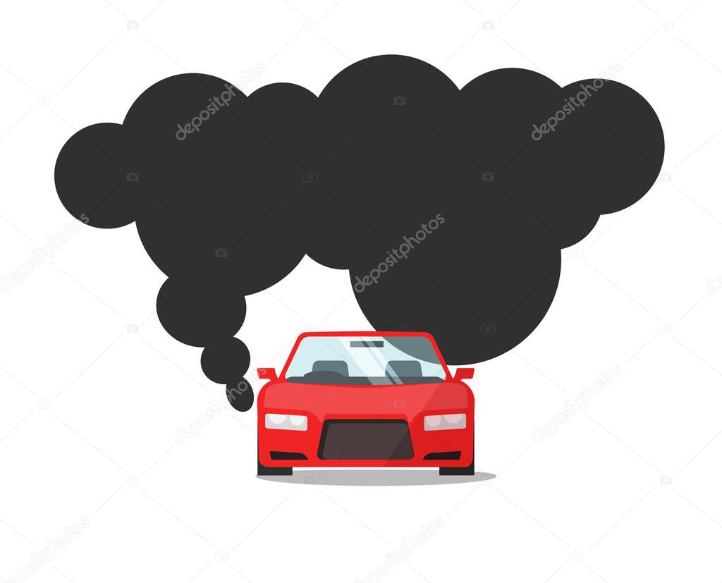 Emission CO2 of automobile fuel vector illustration, flat cartoon car with big smoke cloud gas, concept of carbon pollution clipart