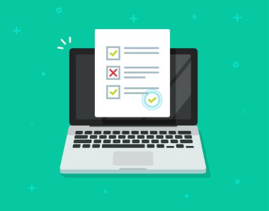 Online formu anket dizüstü vektör, bilgisayar bilgi yarışması sınav kağıt sayfası belge, on-line anket sonuçları düz çizgi film tasarım, dijital kontrol listesi veya Internet testi, elektronik çalışma eğitim