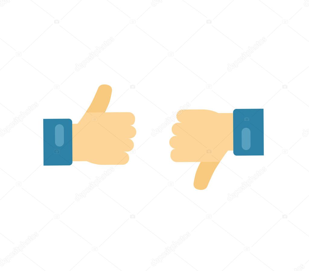 Like or dislike icons vector, flat cartoon hands with up and down thumbs isolated isolated