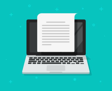 Bilgisayar vektör illüstrasyon metin belge yazma, makale sayfası okuma simgesi simgesi izole ile düz karikatür dizüstü ekran, bloglama veya harf oluşturma clipart kavramı