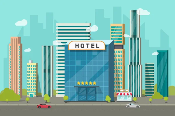 Готель у видом на місто Векторна ілюстрація, будівля готелю з плоским мультфільмом на вулиці та великий хмарочос міський пейзаж, вид на шрифт міський пейзажний панорамний кліпарт — стоковий вектор