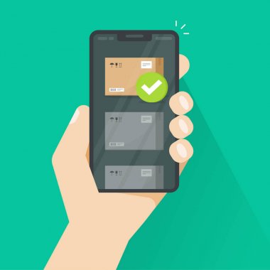 Parsel izleme veya akıllı telefon vektör illüstrasyon, düz karikatür cep telefonu sevkiyat parça uygulaması, karton paket kutusu ve ekran clipart üzerinde onay işareti ile cep telefonu üzerinden teslim