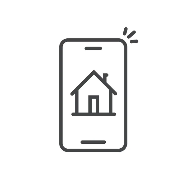 Smart Home on Phone Vektor Illustration, Linienumriss Kunstschutz und Sicherheit Fernbedienungstechnologie für Haus über Handy oder Smartphone Cliparts — Stockvektor