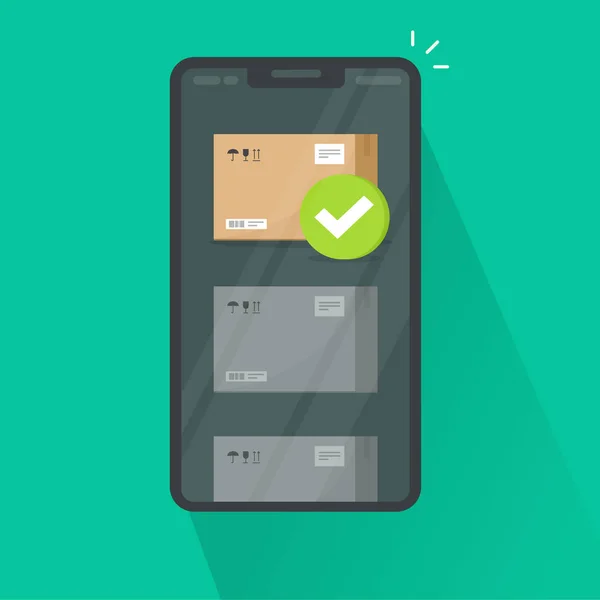 Відстеження посилок або доставки через смартфон Векторні ілюстрації, додаток для відправки мобільних телефонів з плоским мультиплікаційним мобільним телефоном, мобільний телефон з коробкою пакунків відправлений або відправлений ізольований кліпарт — стоковий вектор