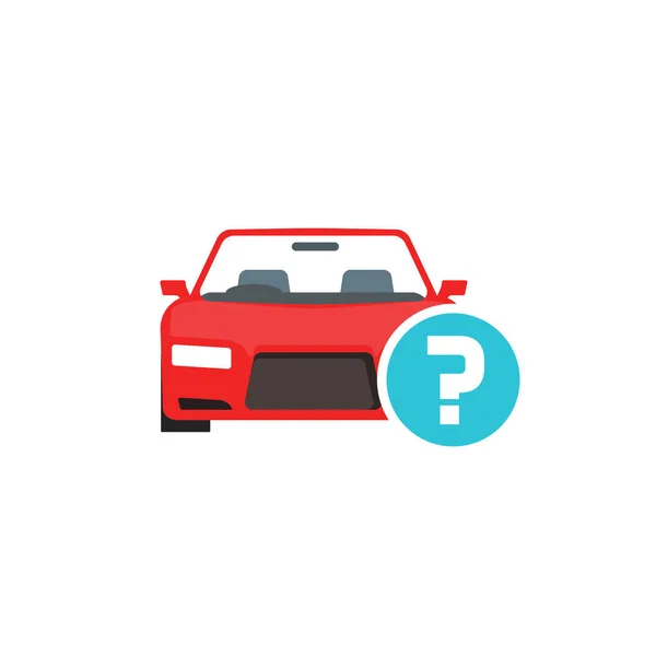 Auto o automobile con punto interrogativo vettoriale simbolo, fumetto piatto auto con dubbio icona di stato isolato clipart — Vettoriale Stock