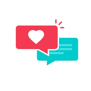 Aşk sohbet vektör simgesi, beyaz sembol izole kalp ile düz karikatür sohbet kabarcıklar, romantizm online tartışma işareti clipart