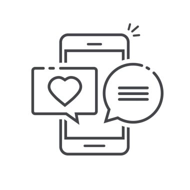 Aşk cep telefonu ekran vektör illüstrasyon sohbet mesajı, çizgi anahat sanat tasarımı cep telefonu veya akıllı telefon kabarcık konuşmalar içinde kalp mesajları ile izole clipart