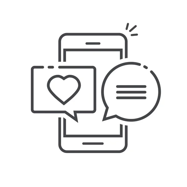 Liefde chatbericht in de mobiele telefoon scherm vector illustratie, lijn overzicht kunst ontwerp van mobiel of smartphone met hart berichten in Bubble toespraken geïsoleerde clipart — Stockvector
