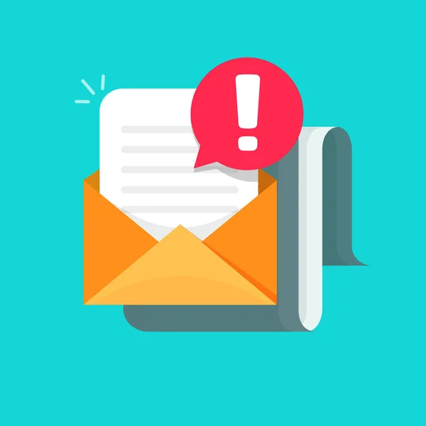 E-mail üzenet figyelmeztető riasztás ikon vektoros illusztráció, lapos karikatúra boríték mail dokumentum és felkiáltójellel szimbólum, fogalma vírus jelentést vagy óvatosságra kockázat levél bejelentés kép — Stock Vector