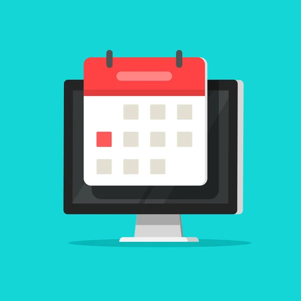 Kalender oder Agenda auf Computerbildschirm-Vektor-Illustration, flache Cartoon-Online-Organisator-App auf PC-Display mit Datum-Erinnerungsbild — Stockvektor