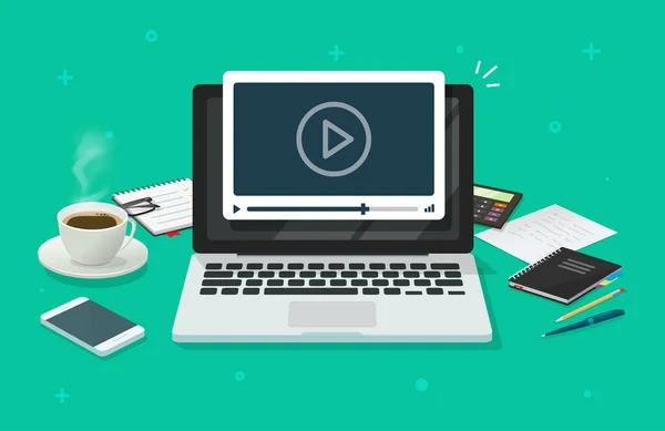 Werkplek en werken aan laptop kijken videospeler, concept van Webinar, Business Online training, onderwijs op computer of e-learning concept, video tutorial vector illustratie Desktop tafel afbeelding — Stockvector