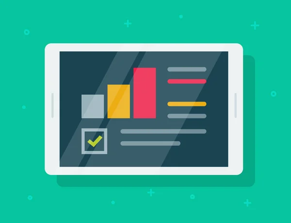 Informe de investigación de auditoría electrónica sobre vectores de tableta, dibujos animados planos, estadísticas financieras o de análisis de calidad, datos sobre la pantalla de tableta con gráficos de crecimiento y análisis de imágenes aisladas — Vector de stock