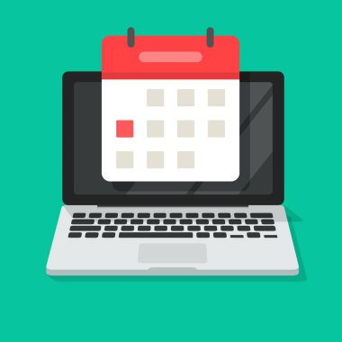 Takvim veya ajanda dizüstü bilgisayar ekran vektör simgesi, olay tarihi hatırlatma üst görüntüleme görüntü ile pc ekranda düz karikatür online organizatör uygulaması