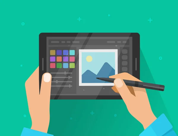 Éditeur photo ou graphique sur tablette illustration vectorielle, dessin animé plat graphique écran de tablette avec des mains de concepteur dessin ou logiciel d'édition d'image ou image de programme — Image vectorielle