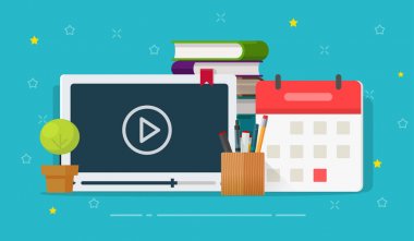 Online kurslar veya Webinar eğitim vektör illüstrasyon, düz karikatür video oynatıcı ve eğitim malzeme, kitap, takvim ve kalemler, uzak öğretici çalışma fikri veya sınav tarihine hazırlanıyor, öğrenme
