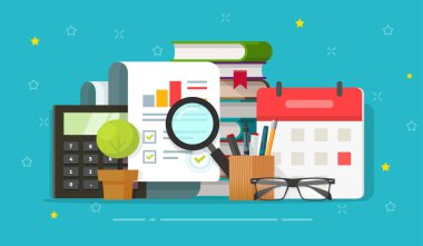 Masaüstü vektör çizim, düz karikatür muhasebeci, analitik iş yeri, dolandırıcılık değerlendirme kalitesi, eğitim kavramı, istatistik muayene veya muayene analiz denetim araştırma raporu