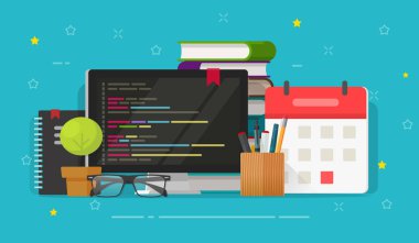 Programcı masaüstü ve bilgisayar ekranı ve kod vektör illüstrasyon, pc veya kodlama işyerinde düz karikatür programlama, yazılım veya web geliştirme çalışması fikri, serbest veya ofis çalışma masası