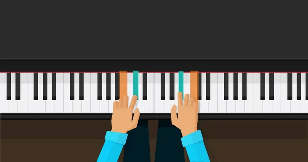 Teclas de piano con las manos de la persona aprender a tocar acordes vector de ilustración, aplicación plana lección de teclado de piano de dibujos animados para estudiar la imagen de vista superior — Archivo Imágenes Vectoriales