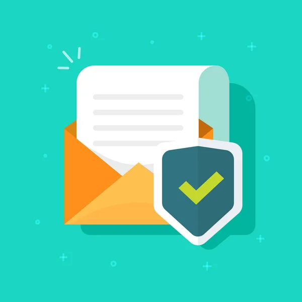 E-mail ή mail προστατεύεται και ασπίδα διάνυσμα εικονίδιο, επίπεδη κινούμενα σχέδια Open φάκελος σελίδα έγγραφο ασφαλούς προστασίας ιδέα, την ιδέα του ιδιωτικού άμυνα δεδομένων, κρυπτογράφηση ή antivirus τεχνικό σημάδι ή σύμβολο απομονωμένη — Διανυσματικό Αρχείο