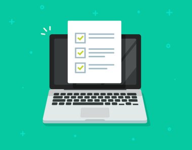 Dizüstü bilgisayar vektörü, kağıt kontrol listesi ile düz karikatür bilgisayar ve onay kutuları, anket kavramı, online test, tamamlanmış şeyler veya bitmiş test, geribildirim ile liste kontrol