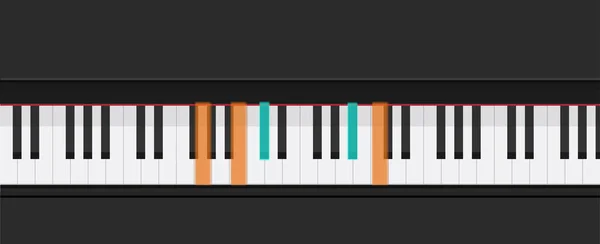 Teclas de piano aprender a tocar acordes ilustración vectorial, aplicación de lección de teclado de piano de dibujos animados planos para estudiar la imagen de vista superior — Vector de stock