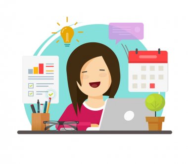 Multitasking iş kadını kişi çalışkan ama ofis masa masa vektör mutlu, düz karikatür kız işyerinde denetim veya araştırma görevleri, zaman yönetimi fikir yapıyor gülümseyerek oturan
