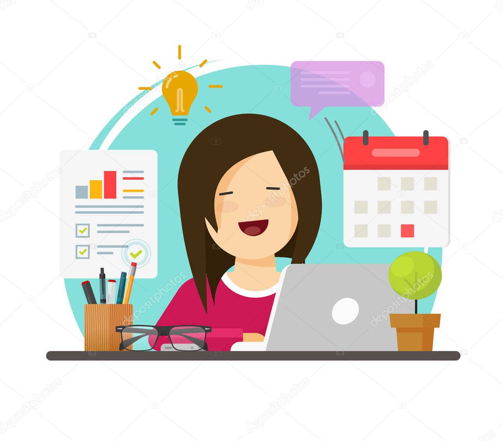 Multitasking business woman person working hard but happy on office table desk vector, flat cartoon girl sitting smiling on workplace doing audit or research tasks, time management idea