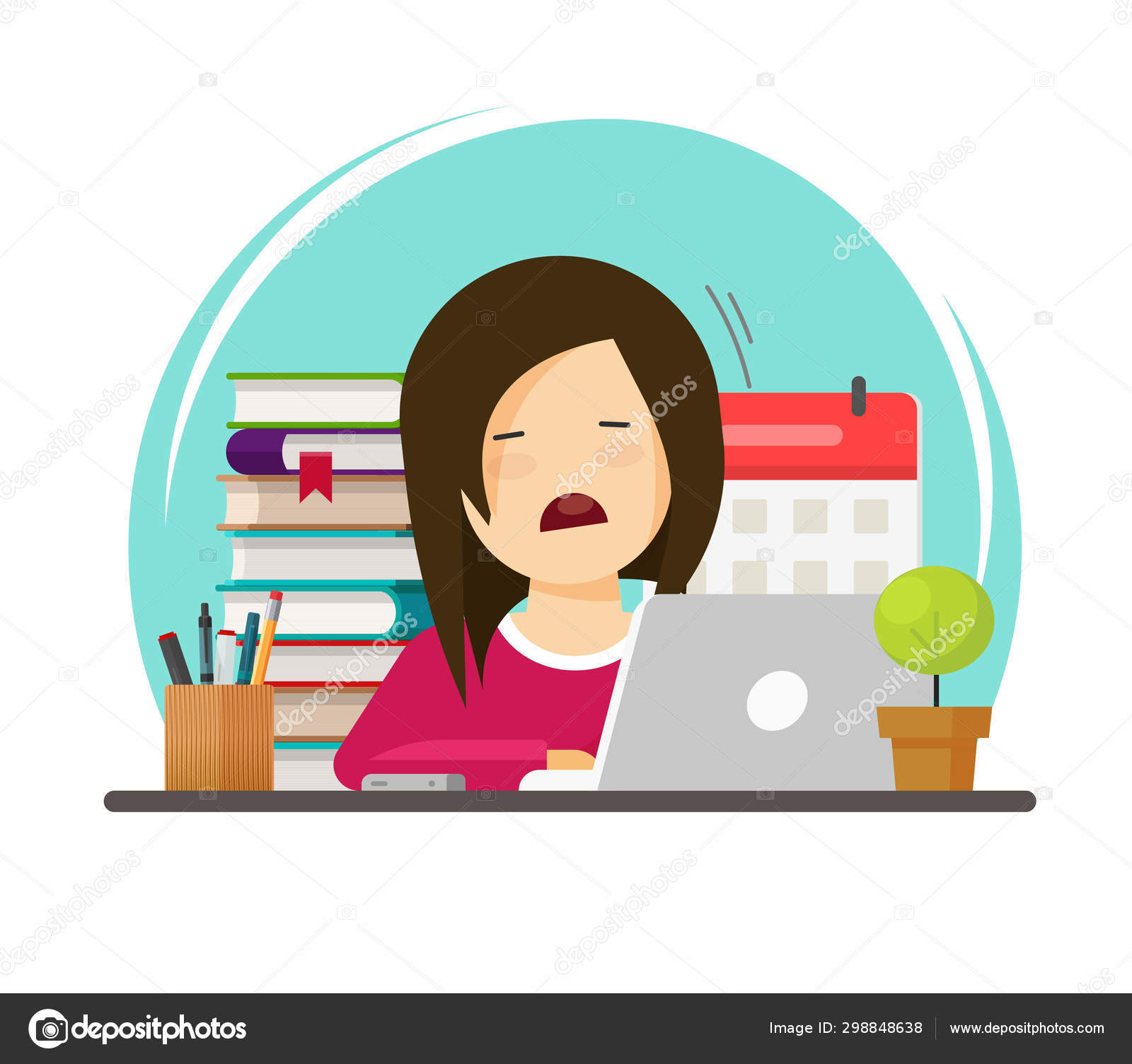 Sad pupil or student person tired study of learning vector illustration,  flat cartoon woman or girl character stressed while education or working  with exhausted or depressed face image Stock Vector Image by ©