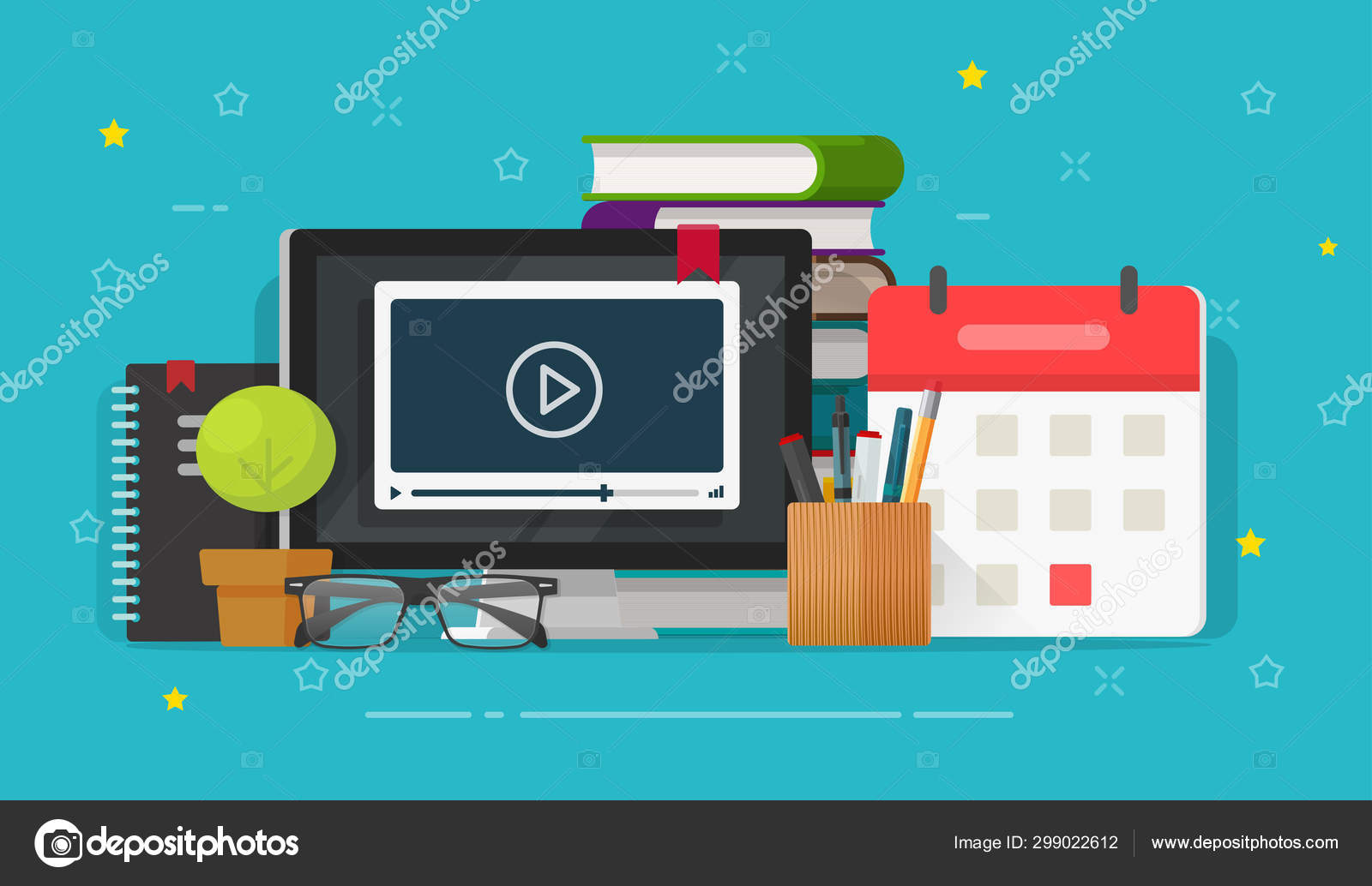Webinar learning or video watching on computer screen vector illustration, flat cartoon working table desk and education stuff, idea of online courses or internet study, school or student workplace Stock Vector Image Webinar learning or video watching on computer screen vector illustration, flat cartoon working table desk and education stuff, idea of online courses or internet study, school or student workplace Stock Vector Image