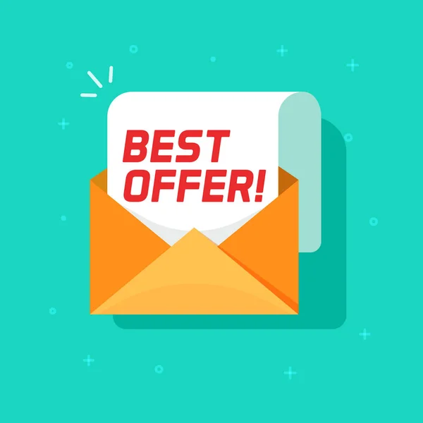 Migliore offerta e-mail messaggio vettoriale icona, cartone animato piatto busta aperta con la vendita promozione testo simbolo immagine isolata — Vettoriale Stock