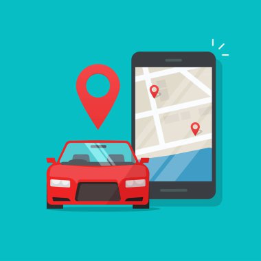 Cep telefonu veya cep telefonu vektör illüstrasyon, düz karikatür akıllı telefon ve şehir haritası ve araba kiralama yerleri ile pin işaretçiler, internet taksi otomobil araç paylaşım uygulaması olarak Kentsel ulaşım