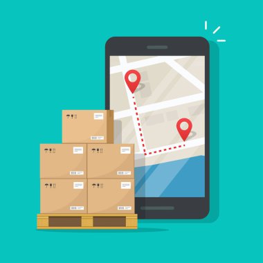 Kargo veya kargo teslimat izleme veya navigasyon rota cep telefonu vektör illüstrasyon, düz karikatür cep telefonu ve parsel kutuları paketleri nin şehir haritası konumu online, lojistik gps ile akıllı telefon