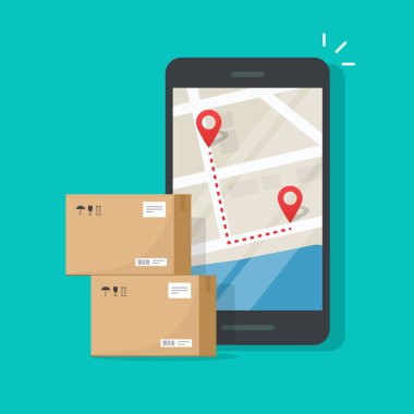 Cep telefonu veya cep telefonu vektörü üzerinde parsel teslimat izleme, ekranda şehir haritası ile düz karikatür akıllı telefon telefon ve paketleme kutuları ile işaretçiler hedef konumu pin, nakliye lojistik