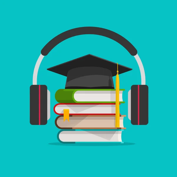 Aprendizagem de áudio eletrônico ou estudando ilustração vetorial on-line, fones de ouvido de desenhos animados planos e livros pilha e chapéu de graduação, ideia de estudo de podcast ou aprendizagem eletrônica, cursos de educação auditiva — Vetor de Stock