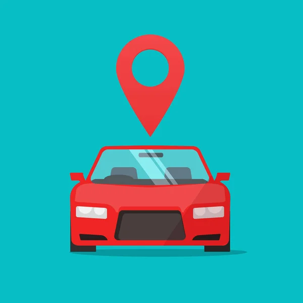 Bil med Map pekare vektor tecken, platt tecknad bil eller Auto med plats stift, begreppet hyra plats eller online Vehicle position ClipArt — Stock vektor