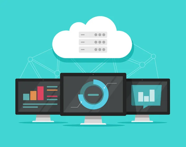 Ilustración vectorial de tecnología de computación en la nube, computadoras de dibujos animados planos conectadas a redes de servidores en la nube, concepto de tecnología de big data, almacenamiento en Internet o imagen de centro de datos de alojamiento — Archivo Imágenes Vectoriales