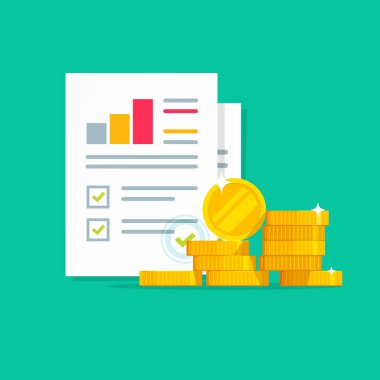 Mali denetim raporu vektör simgesi, düz karikatür kağıt analiz belgesi ve finans araştırma vergi veya para, kredi veya kredi analitiği, başarı geliri veya kazanç gelir kontrolü yakın kalite değerlendirmesi