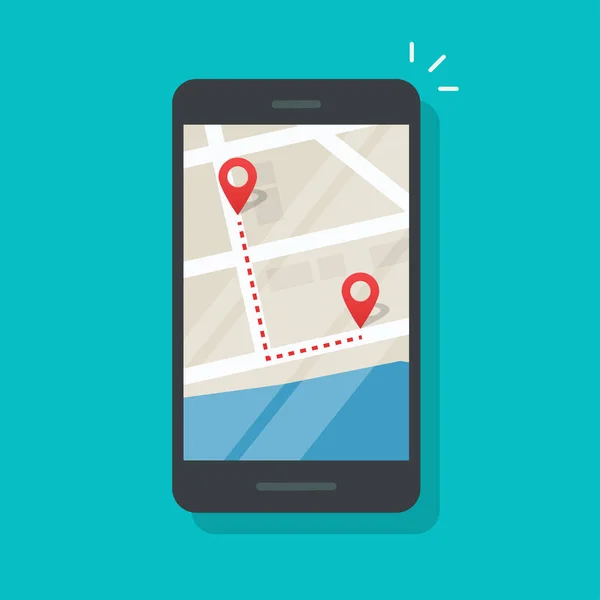 Κινητό τηλέφωνο με χάρτη της πόλης χάρτες PIN και την κατεύθυνση του κομματιού εικονίδιο διάνυσμα απομονωμένη, επίπεδη κινούμενα σχέδια κινητού τηλεφώνου GPS πλοήγηση στην οθόνη παρακολούθησης που δείχνει τη διαδρομή, smartphone πλοήγησης ή τεχνολογία τοποθεσίας — Διανυσματικό Αρχείο