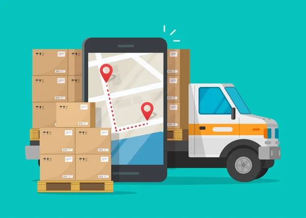 邮政物流服务或快递货运投递载体，平面卡通货运卡车汽车与包裹包裹和手机或手机城市地图固定目的地跟踪图像 — 图库矢量图片