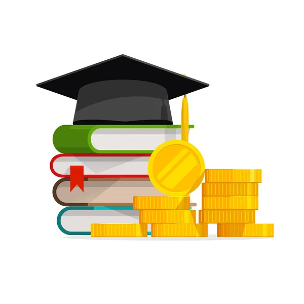 Koszt ukończenia lub drogie wykształcenie lub wektor pożyczki stypendium, płaskie stos pieniędzy kreskówka książek i czapkę lub kapelusz, pomysł na studia budżetu lub kolegium, opłata za naukę uniwersytecką, zysk lub zarobki — Wektor stockowy