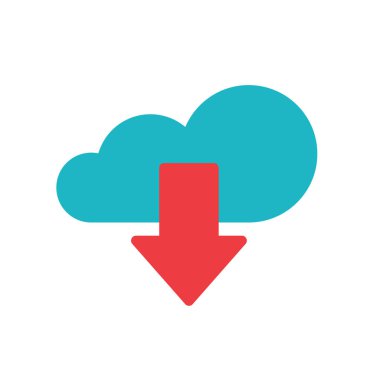 Bulut indirme simgesi vektörü, indirme veya abonelik kırmızı ok teknolojisi sembolü, veri depolama veya sistem teknoloji işareti görüntü ile düz karikatür mavi bulut