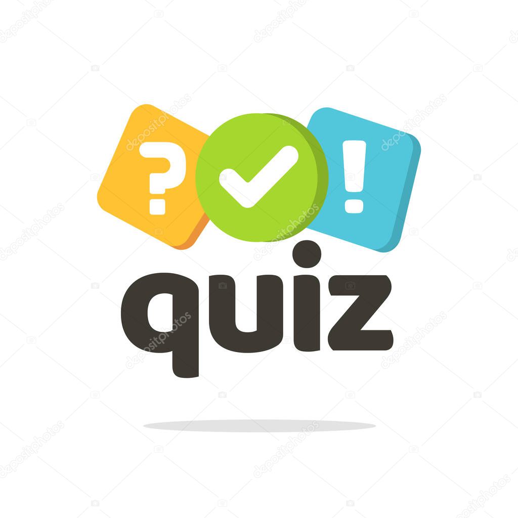 Quiz logo icon vector symbol, flat cartoon bubble speeches with question and check mark signs as competition game or interview logotype, poll or questionnaire insignia isolated