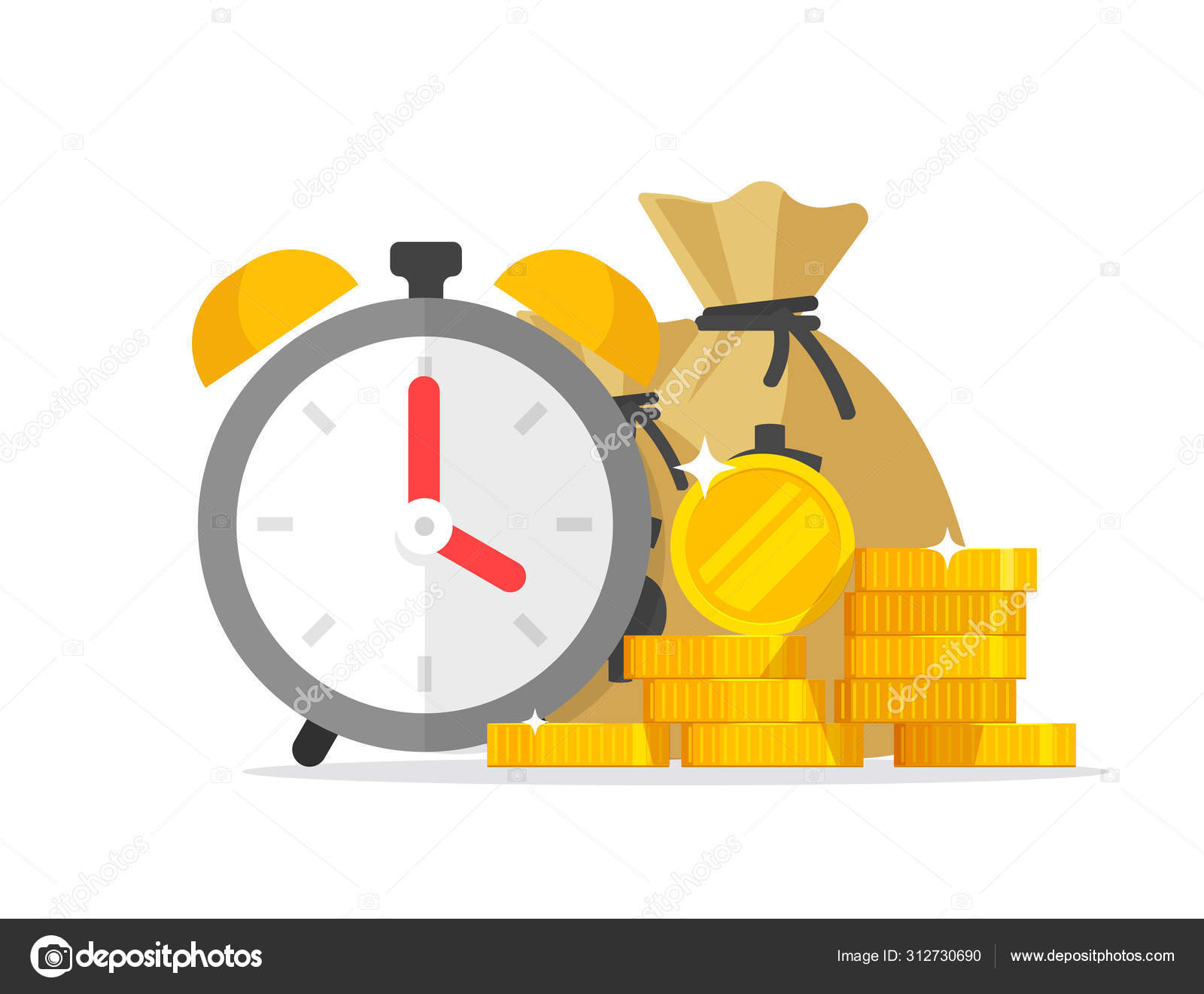 시간 과 돈을 절약 해 주는 벡터 삽화, 평면 만화 타이머 또는 알람 시계, 많은 현금, 금융 대기 또는 거래 마감 일, 시간 절약  성공 스톡 벡터 - ©vladwel 312730690