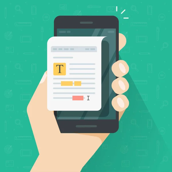 Editor de documentos de arquivo de texto na ilustração do vetor do telefone móvel, autor de desenhos animados planos ou conteúdo de edição ou escrita de copyrighter com correção ortográfica na imagem da tela do celular —  Vetores de Stock