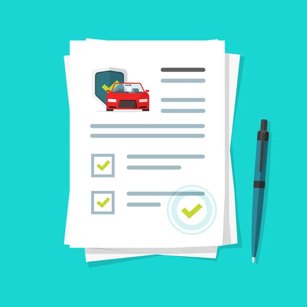 Autoverzekeringsdocument rapport vector illustratie, platte cartoon papieren overeenkomst checklist of lening checkmarks formulier lijst goedgekeurd met auto onder paraplu pictogram, voertuig financiële, juridische deal — Stockvector